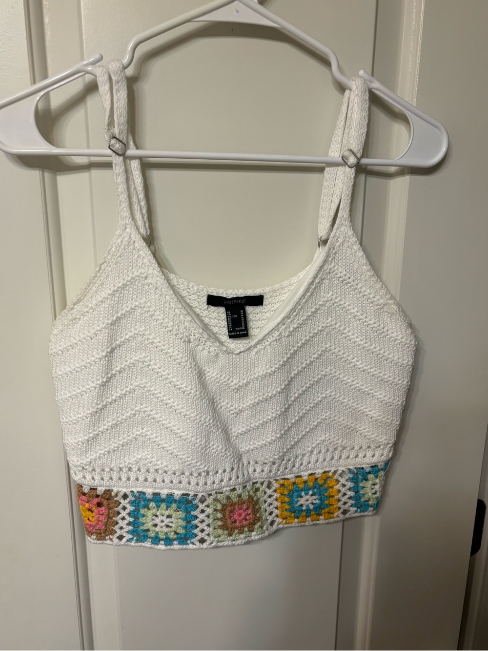 Forever 21 White Crochet Crop Tank with Multicolor Granny-Trim
